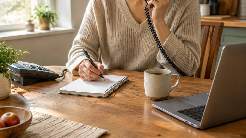 Person writing down call details at a kitchen table while phoning a fraud hotline