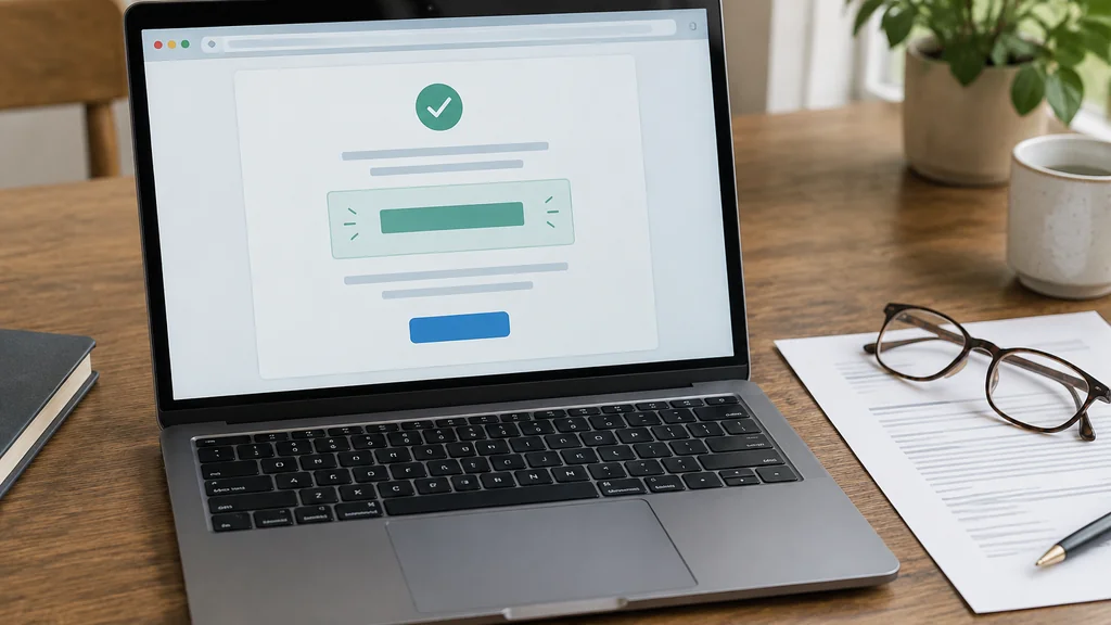 Laptop showing a submitted online fraud report with a confirmation number on screen