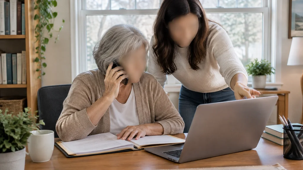Family member helping an older woman file a fraud report at a home desk
