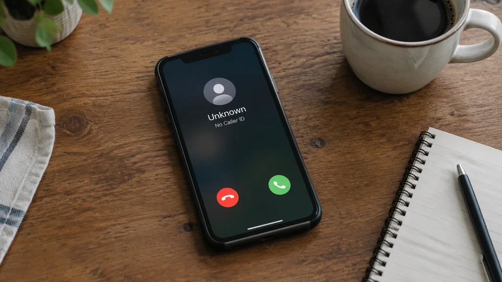 Smartphone screen showing an incoming call with no caller ID