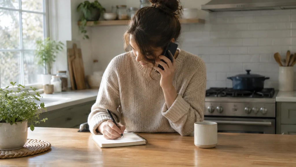 Person writing down a voicemail message at a counter