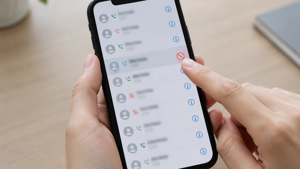 Hand blocking a number in a phone call log