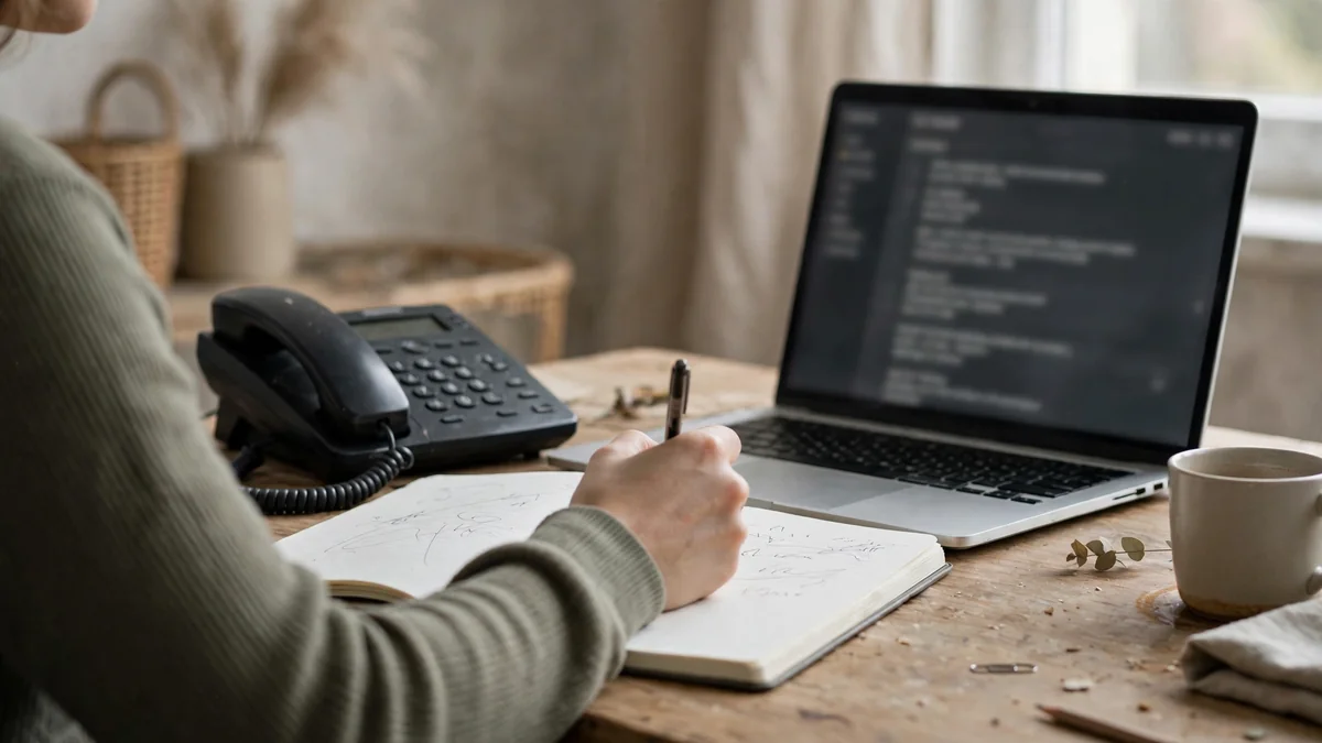 Person writing down call times beside a landline phone